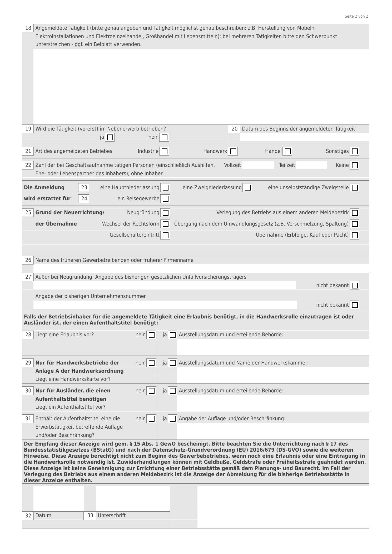 Offizieller GewA1 Vordruck Seite 2